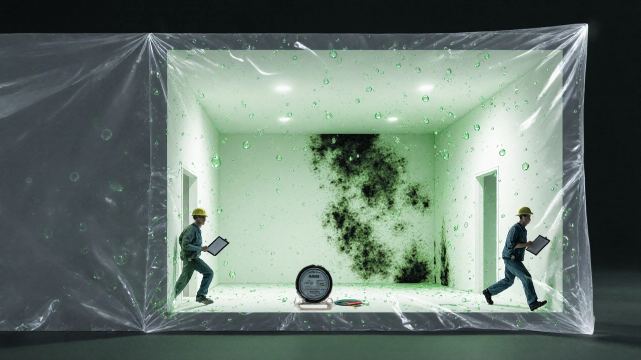 A house depicted as a sealed plastic bag with mold growing inside its walls, symbolizing trapped moisture from poor construction.