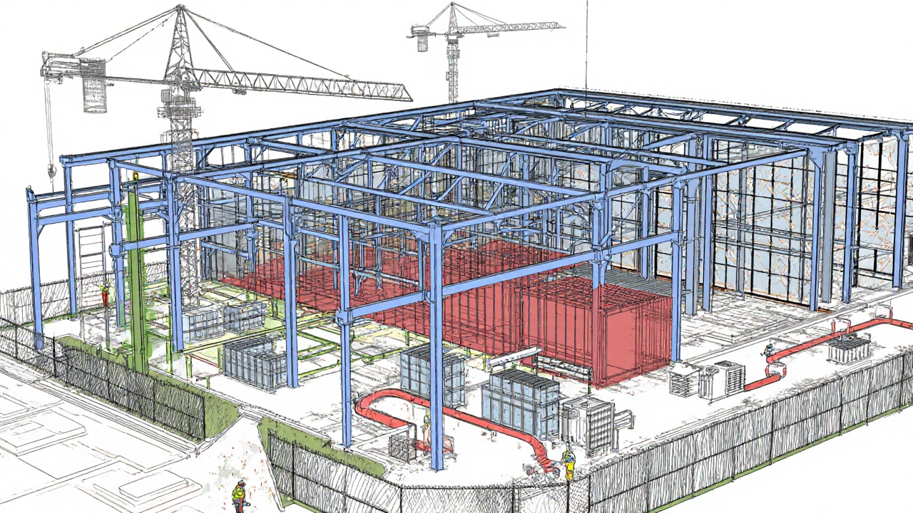 Aerial view of a warehouse under construction with steel frames and MEP systems.