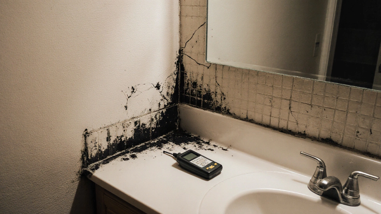 Black mold spreading behind a bathroom vanity, with painted-shut vents and a discarded moisture meter showing high readings.