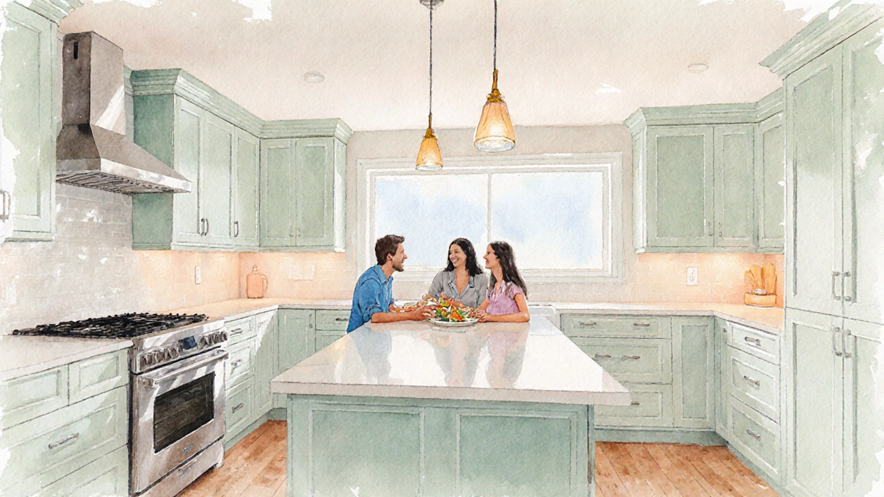 Bright, finished kitchen after a renovation with family enjoying the space.