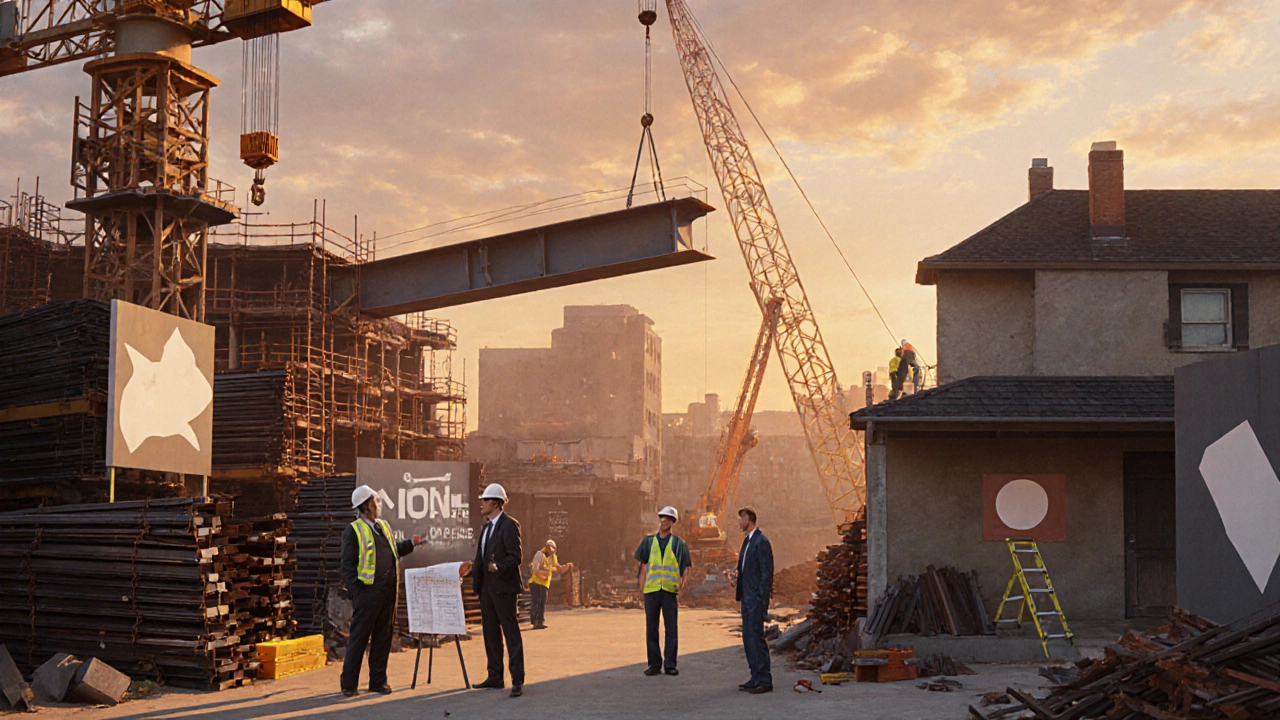 Busy commercial building site with crane, developer, and inspector next to a quiet home renovation scene.