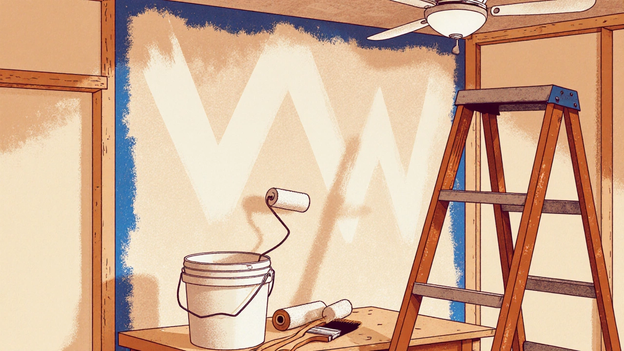 Close‑up of primer being rolled onto fresh drywall with tools nearby.