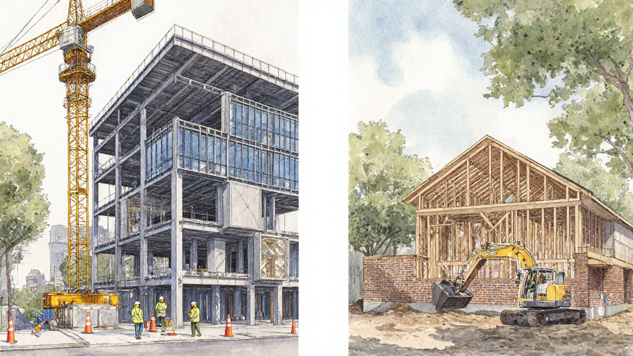 Commercial steel frame site next to a wooden residential construction site.