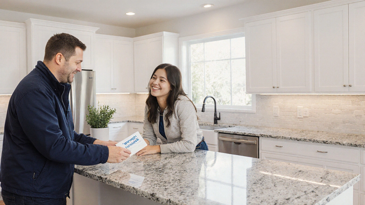 Completed kitchen with quartz countertop, glossy cabinets, and happy homeowner.
