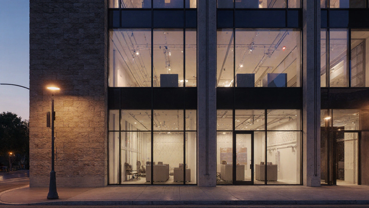 Completed Type C office building at dusk highlighting steel, concrete, and fire safety features.