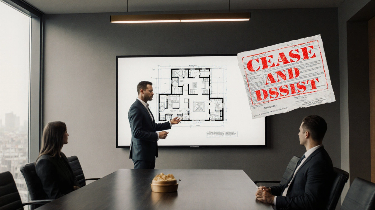 Contractor presenting a client proposal using an unlicensed floor plan, with a legal notice in the background.