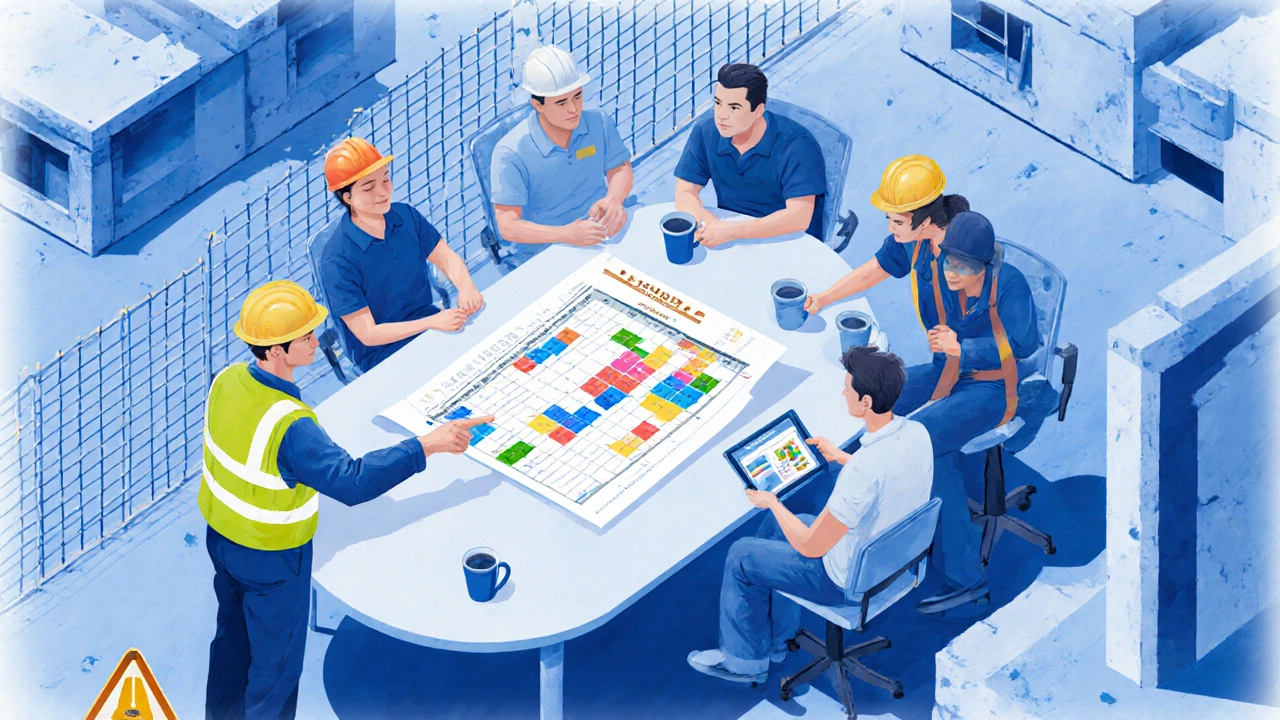 Contractor reviewing schedule with subcontractors around a table on site.