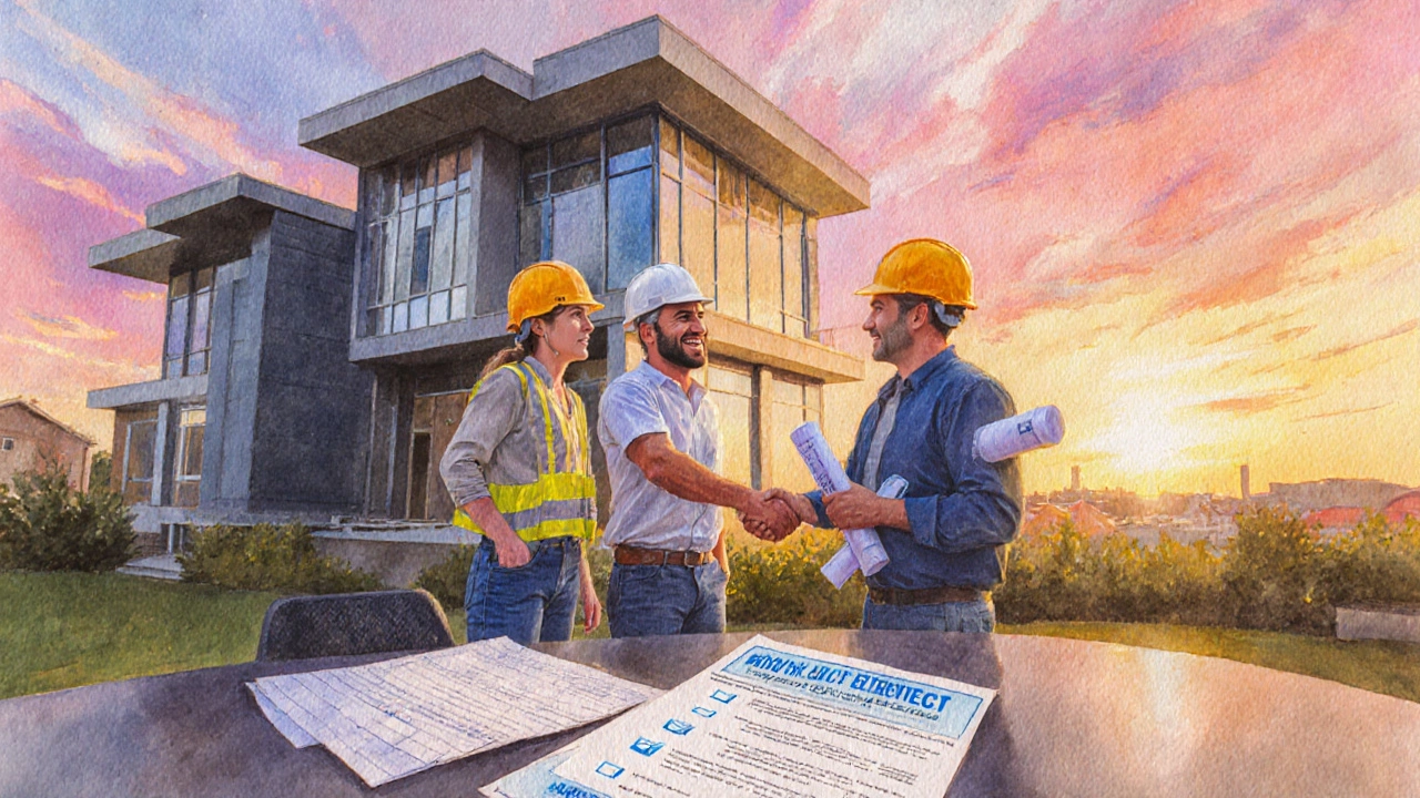 Contractor shaking hands with homeowner and architect beside a completed building.
