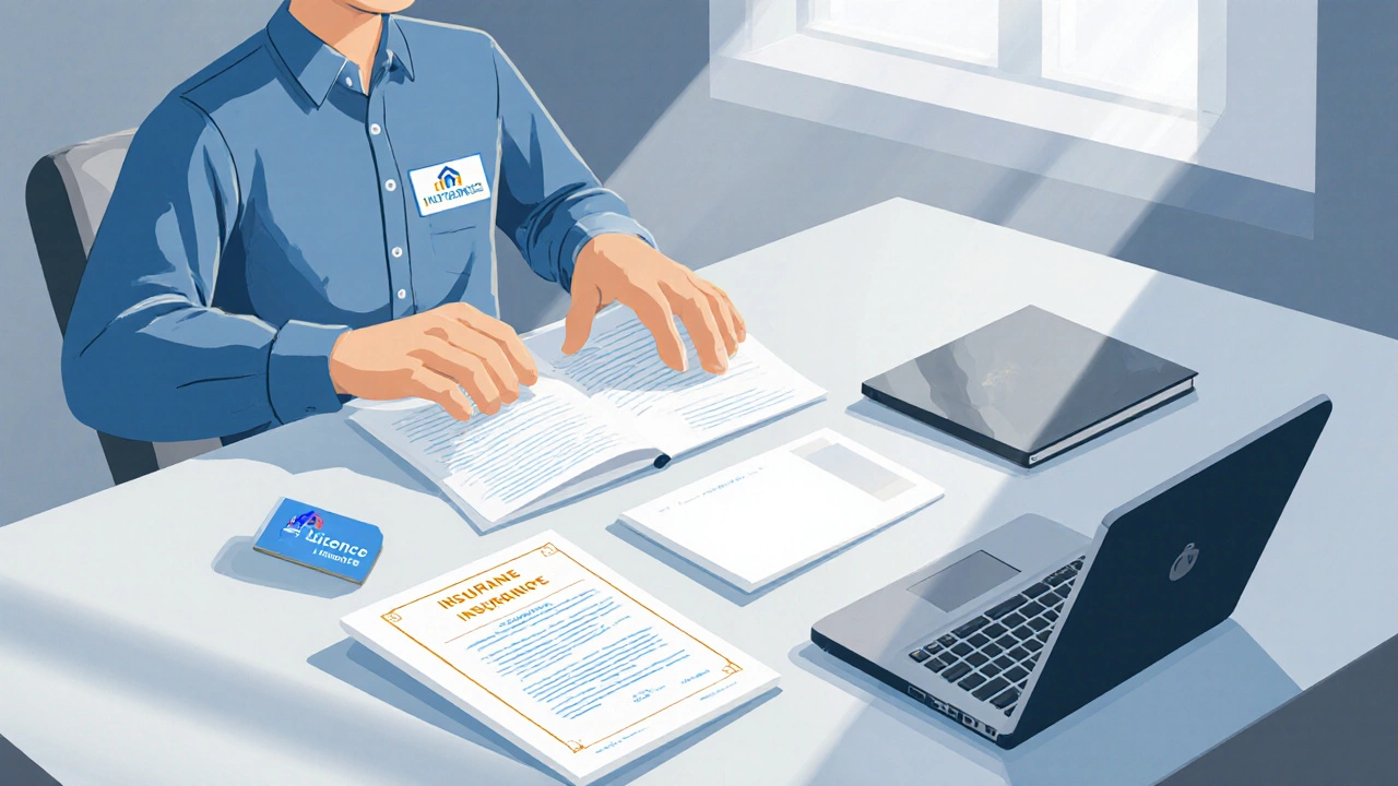 Contractor showing licence, insurance, and portfolio documents on a coffee table.