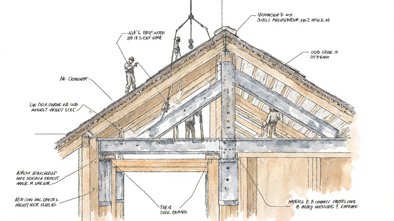Cross‑section illustration of roof reinforcement with steel beams and workers.