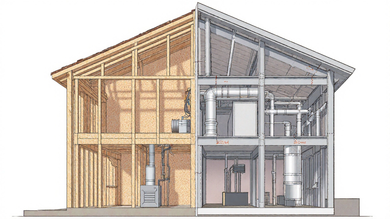 Cross‑section showing wood framing of a house beside a steel frame of an office building with HVAC and sprinklers.