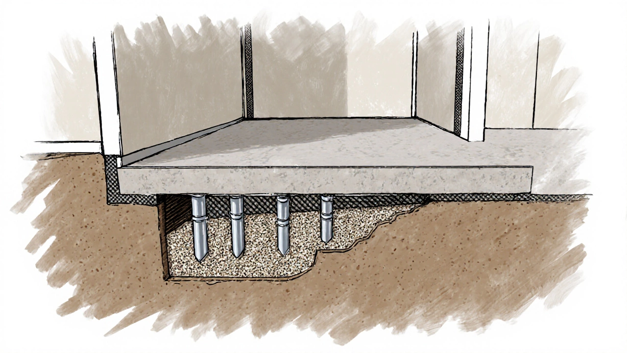 Cutaway illustration of a repaired foundation with piers, moisture barrier, leveled slab, and hidden carbon fiber reinforcement.