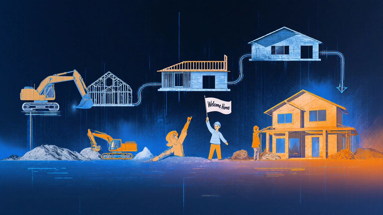 Digital mural timeline of a home build from groundbreaking to a family celebrating the finished house.