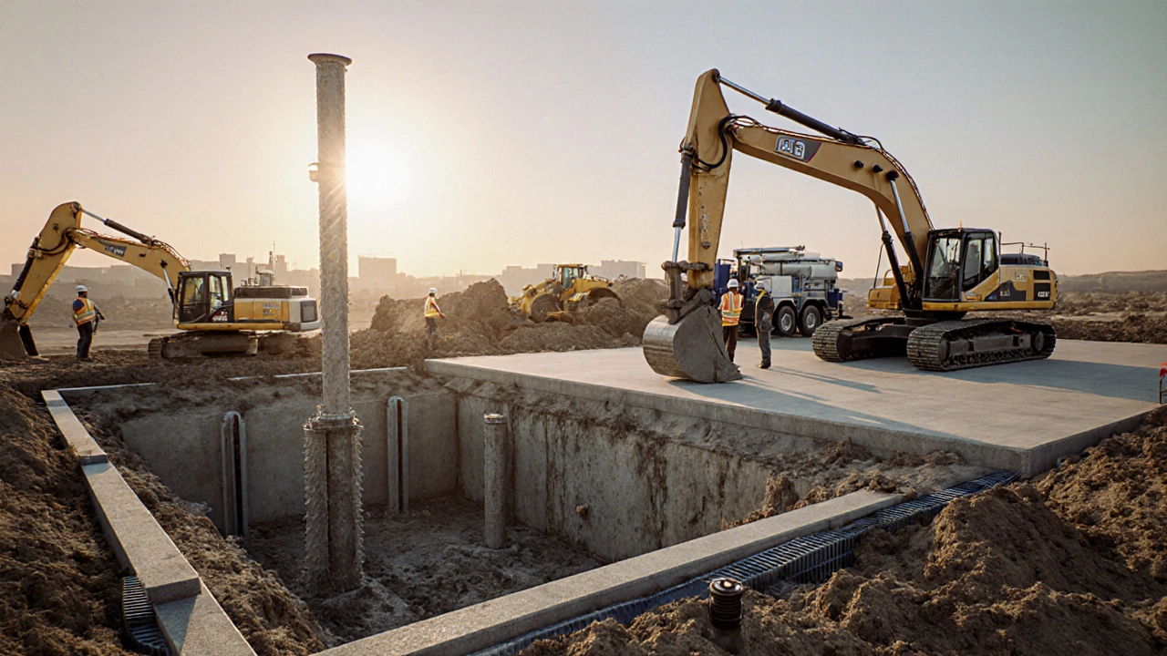 Engineers performing underpinning, slab jacking, and foundation replacement with equipment.