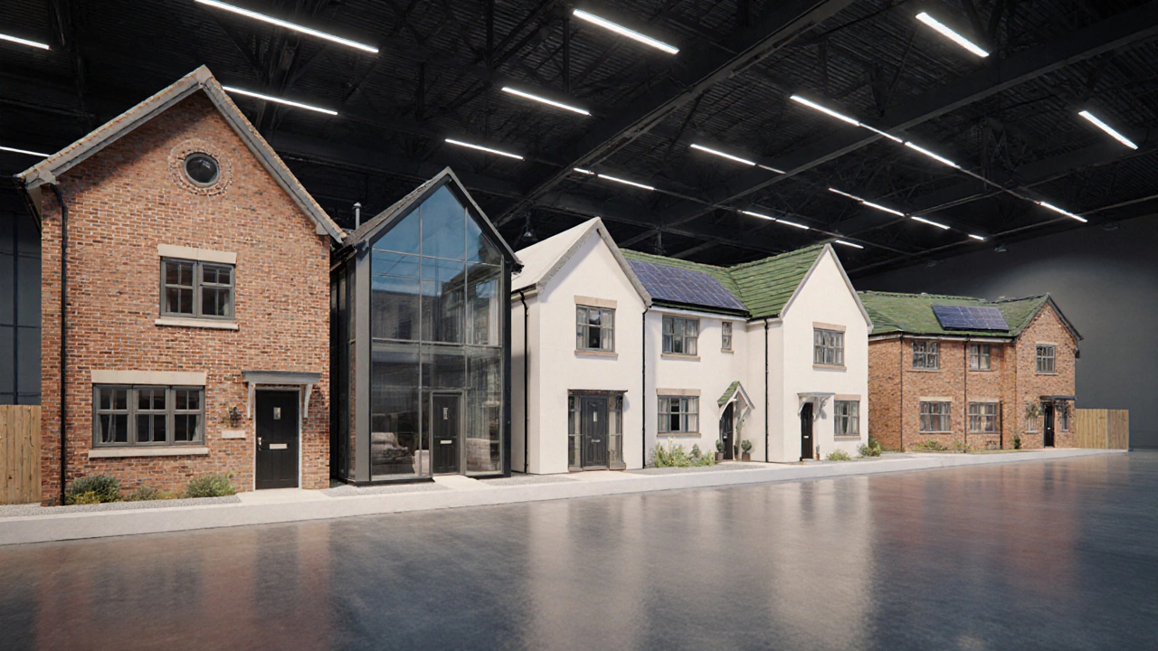 Exhibition hall displaying five diverse house models of top UK builders.