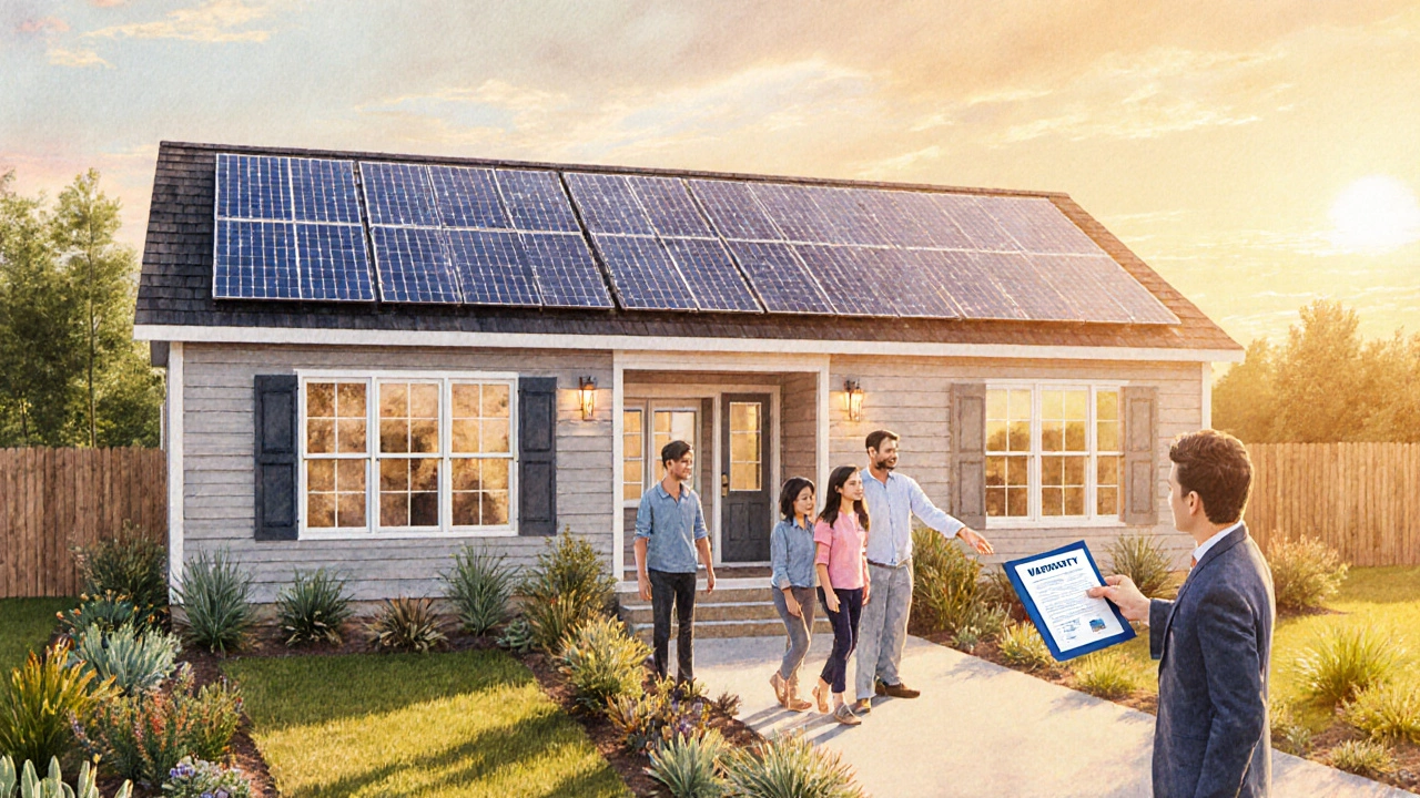 Family receiving warranty for an eco‑friendly modular home at sunrise.