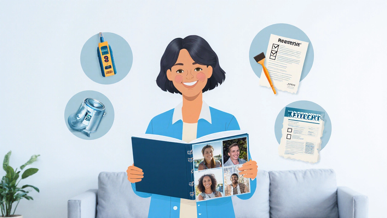 Happy homeowner holds before‑and‑after photos beside painted walls and checklist icons.