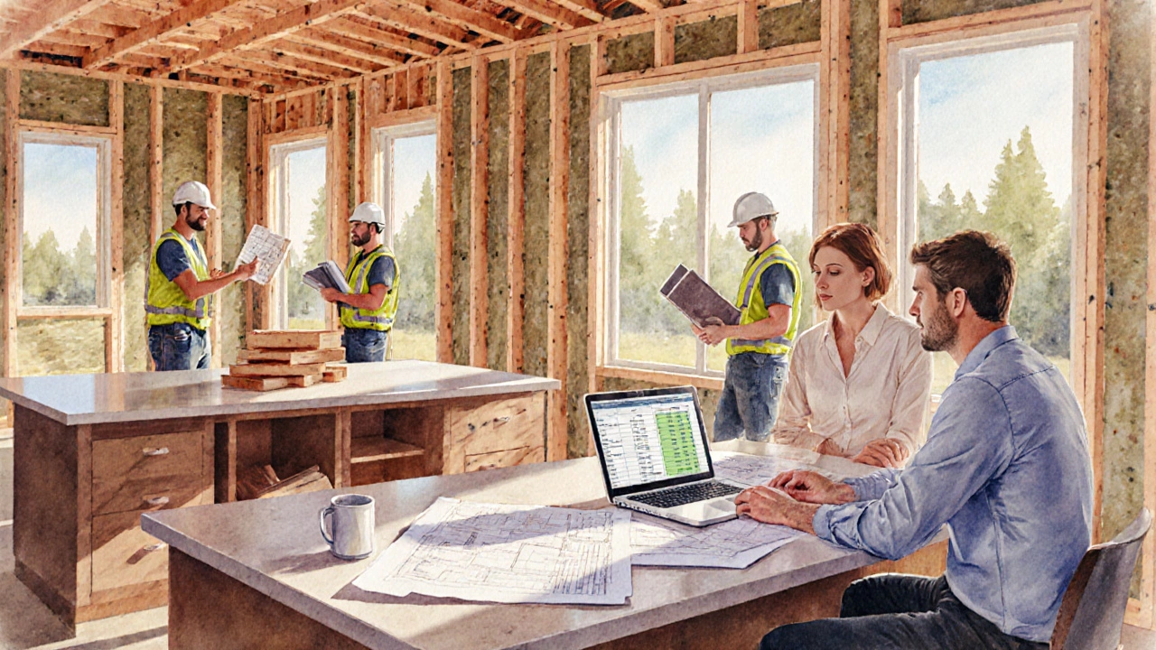 Homeowner and architect reviewing plans at a kitchen island in a partially built home, with crew and material samples nearby.