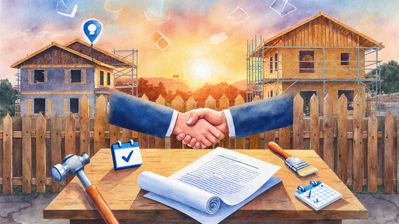 Homeowner and contractor shaking hands over a contract at a sunrise construction site.