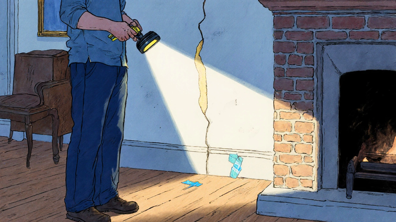 Homeowner inspecting marked cracks on plaster and brick with flashlight and tape.