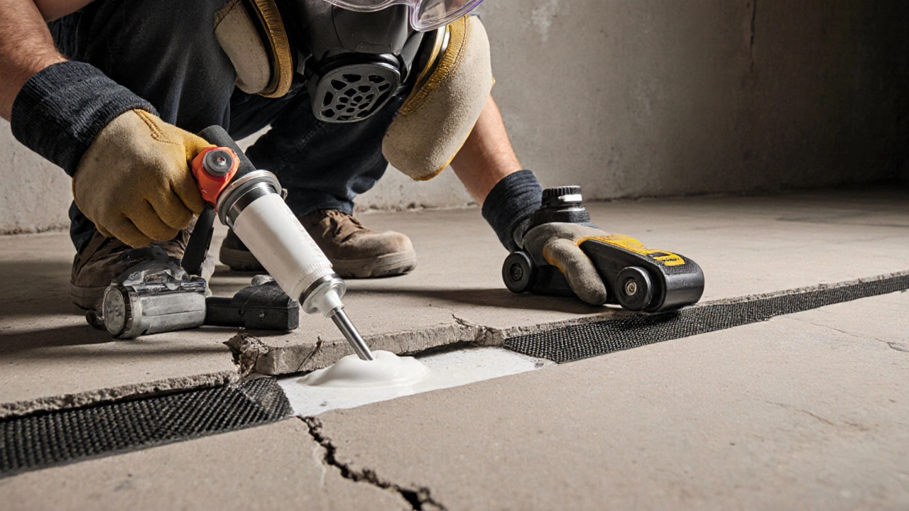 Homeowner using a hydraulic jack to lift a slab while injecting epoxy into a crack beside carbon fiber strips.