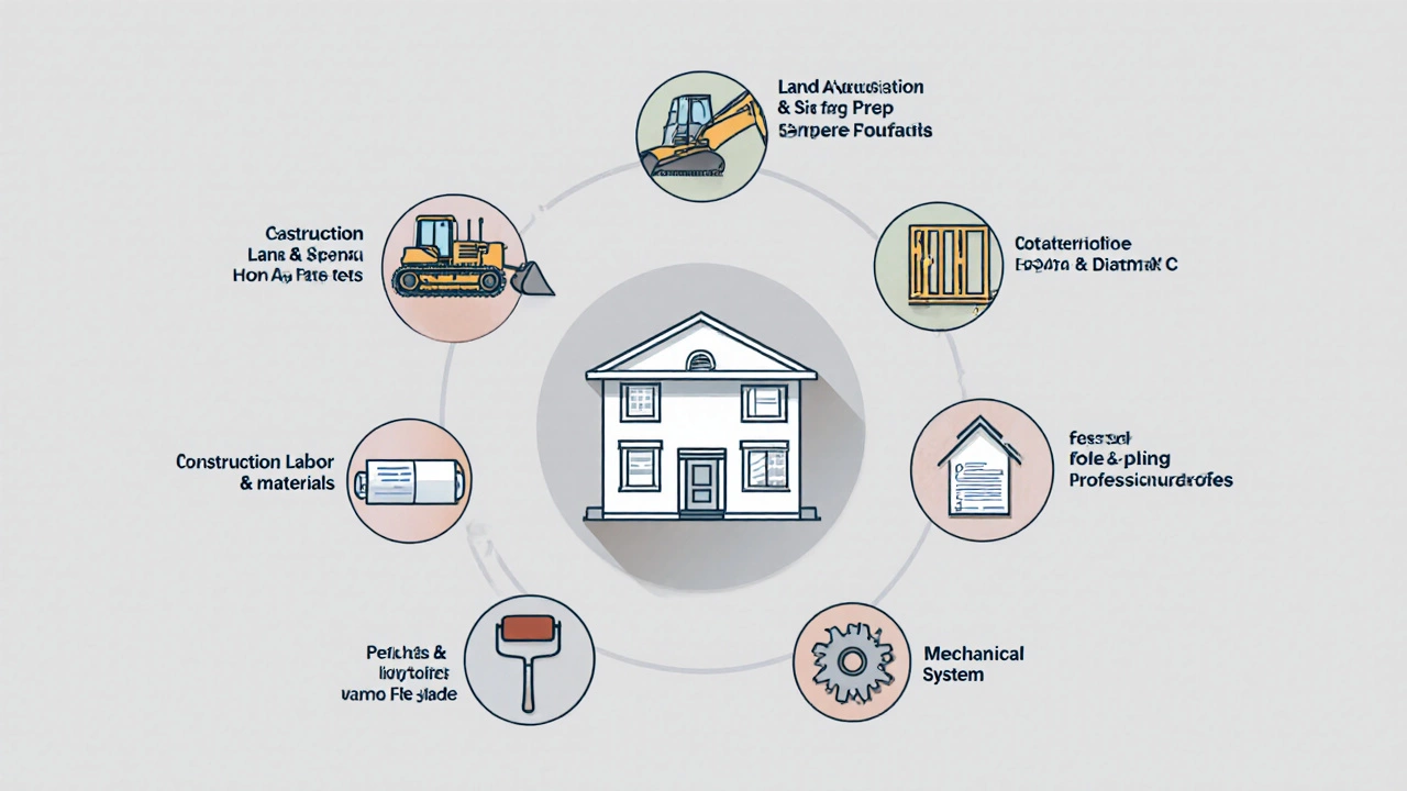 Illustrated collage showing cost‑driver icons around a house silhouette: site prep, framing, permits, exterior, interior, mechanical.