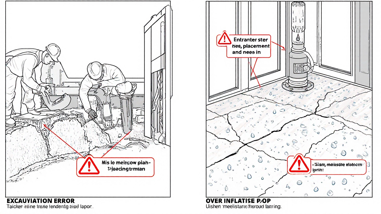 Illustration of faulty foundation repair showing misaligned piers, no shoring, and slab jacking cracks.