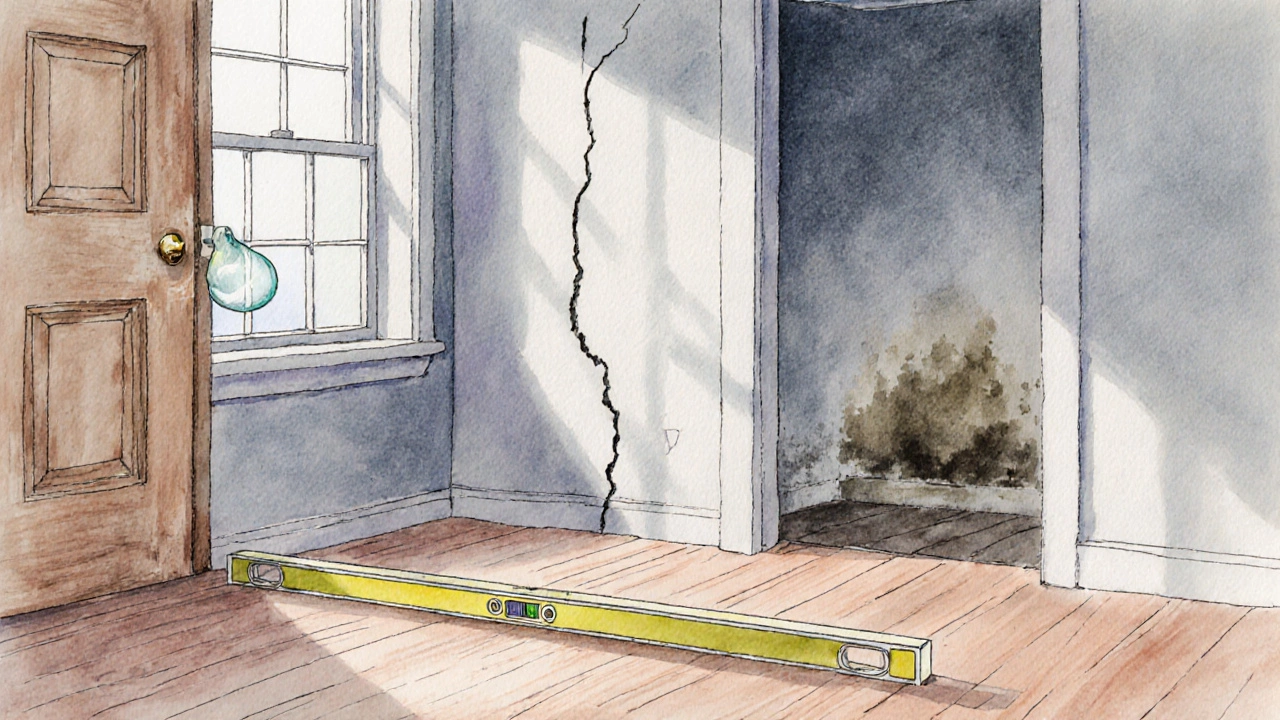 Interior view showing uneven floor, stuck door, stair‑step wall crack and damp basement spot.
