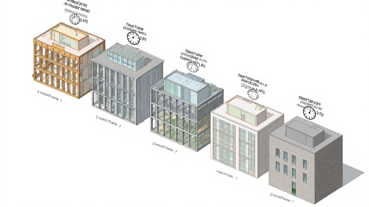 Isometric comparison of five UK building types highlighting their structural systems.