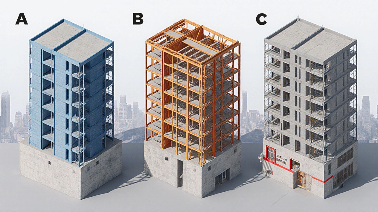 Isometric view comparing three building types with different material palettes.
