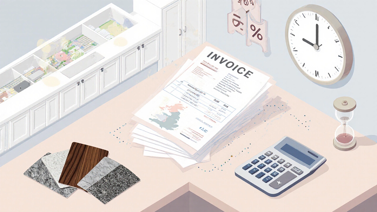 Isometric view showing calculator, material samples, map zones, and hourglass for costs.