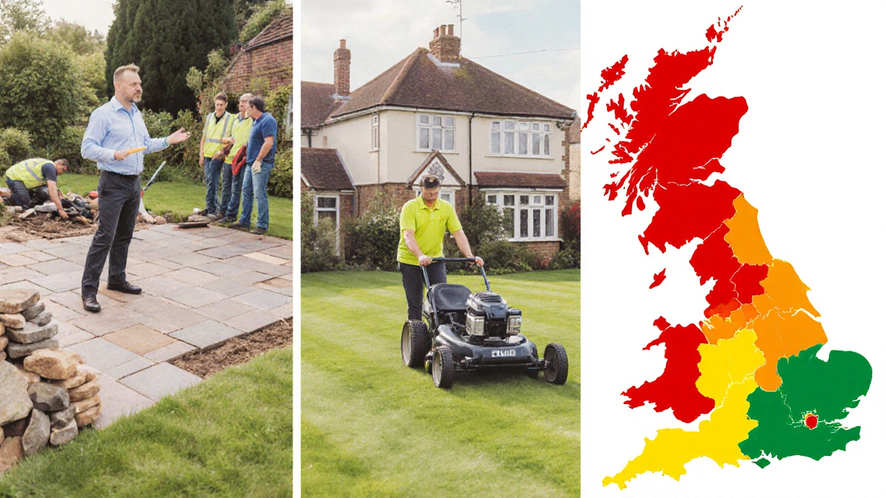 Landscape contractor directing a crew on a stone patio, with a color‑coded UK map indicating regional pay.
