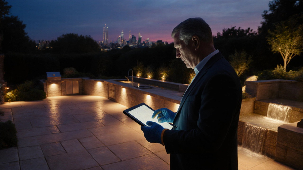 Luxury garden with stone patio, water feature, and a satisfied landscaper overlooking the project at dusk.