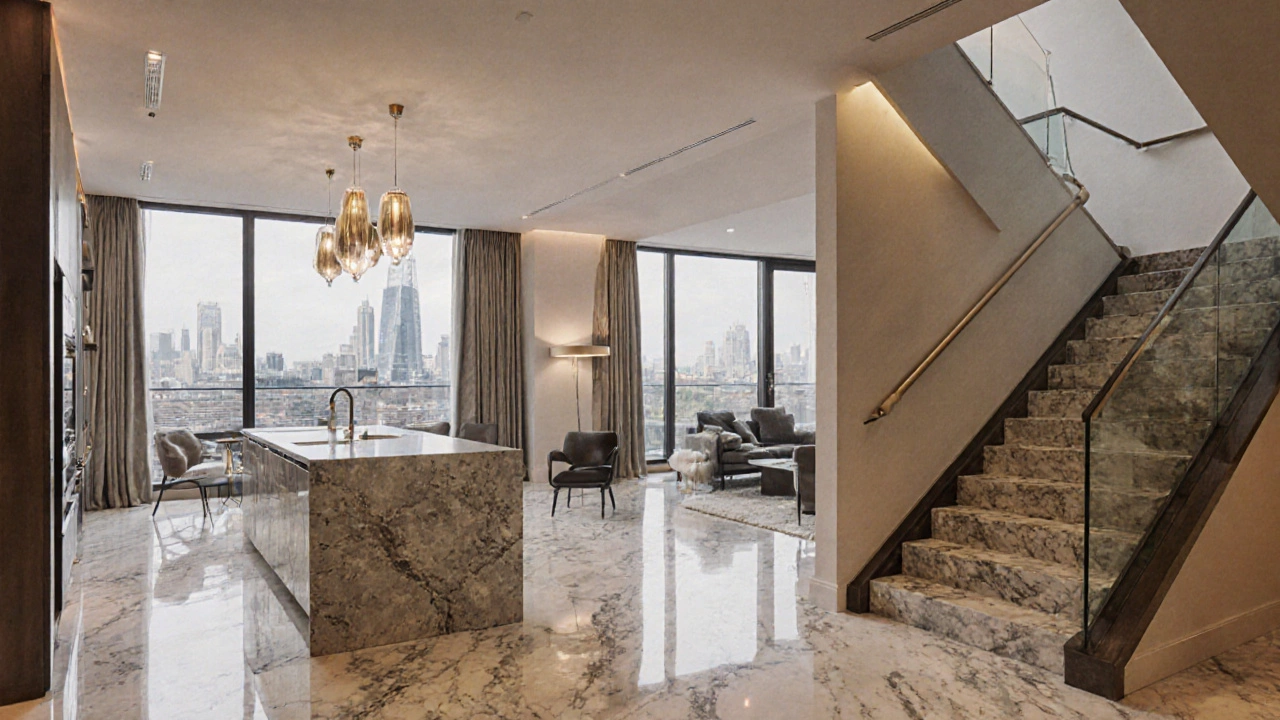 Luxury townhouse interior with marble and city view, hinting at commercial‑grade finishes.