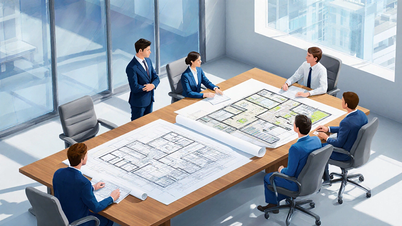 Meeting room with people reviewing blueprints for both commercial and residential projects.