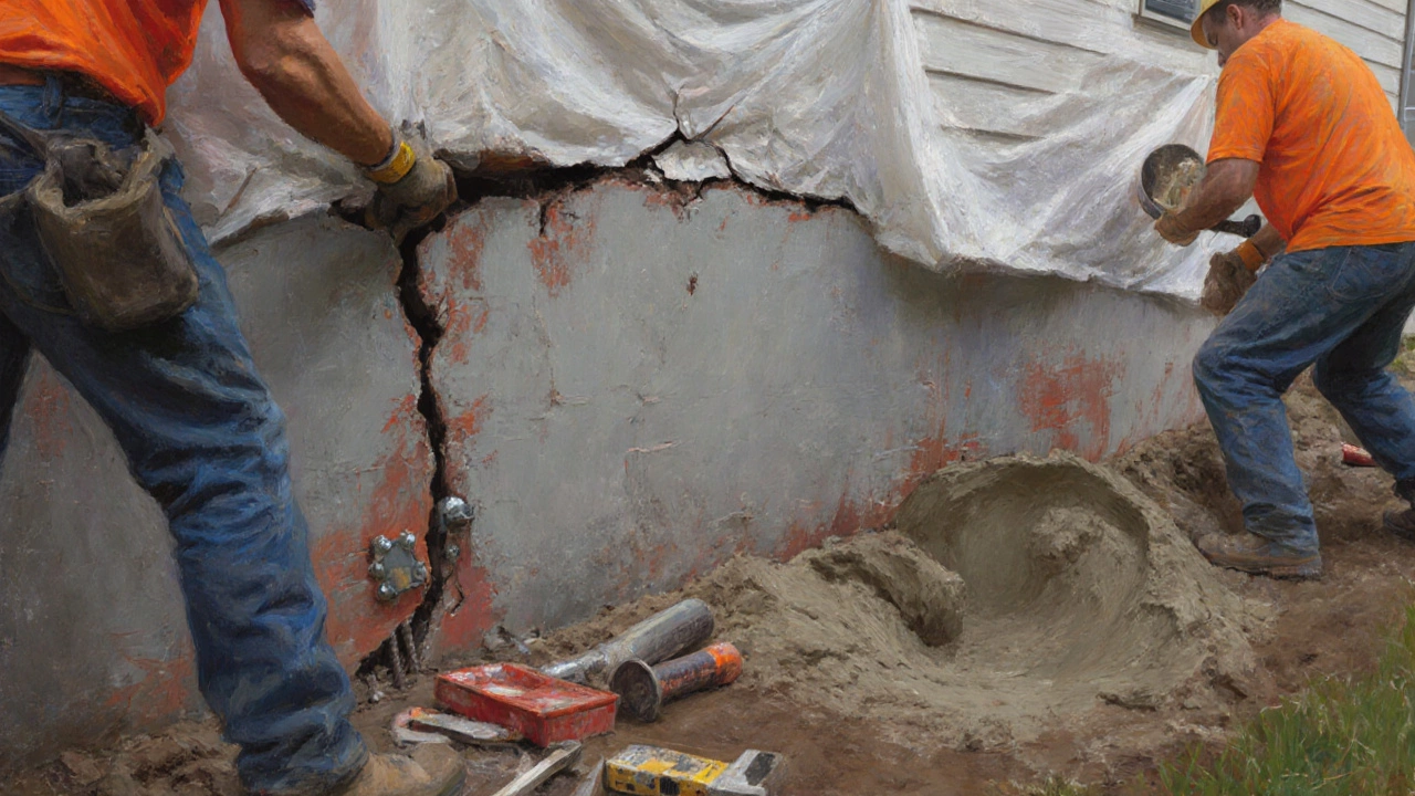 Repair crew fixing a structural crack with anchors and lime mortar on an old house wall.