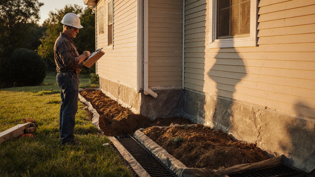 Scene of completed repair with engineer inspecting, drainage and reinforced foundation, showing stable house.