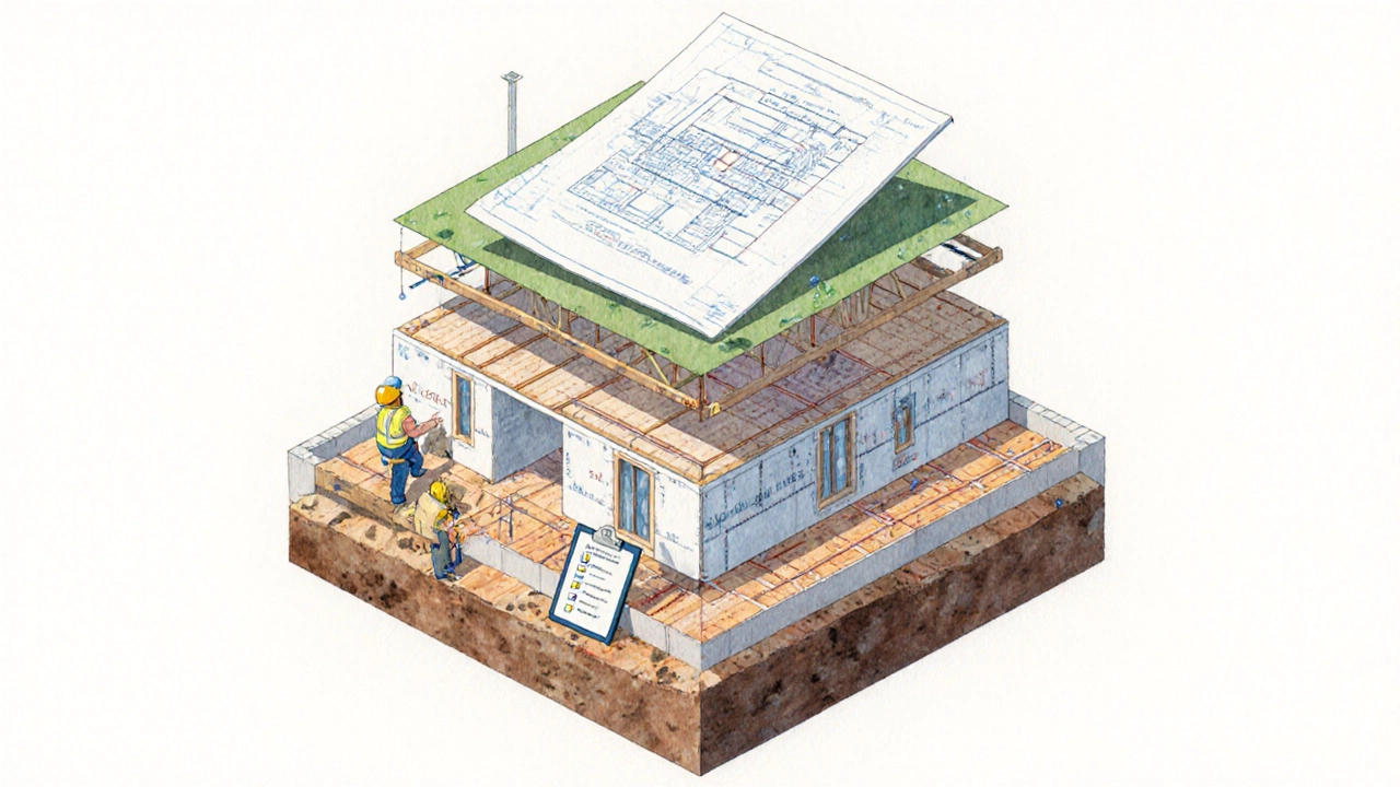 Watercolor exploded view of a two‑story home highlighting land, labor, materials, permits, and design layers.