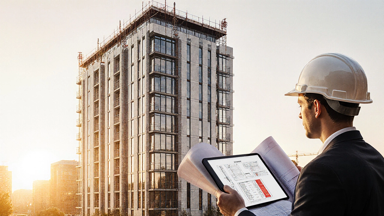Watercolor of a modern high‑rise tower built with Type 5 walls, with an engineer reviewing plans.