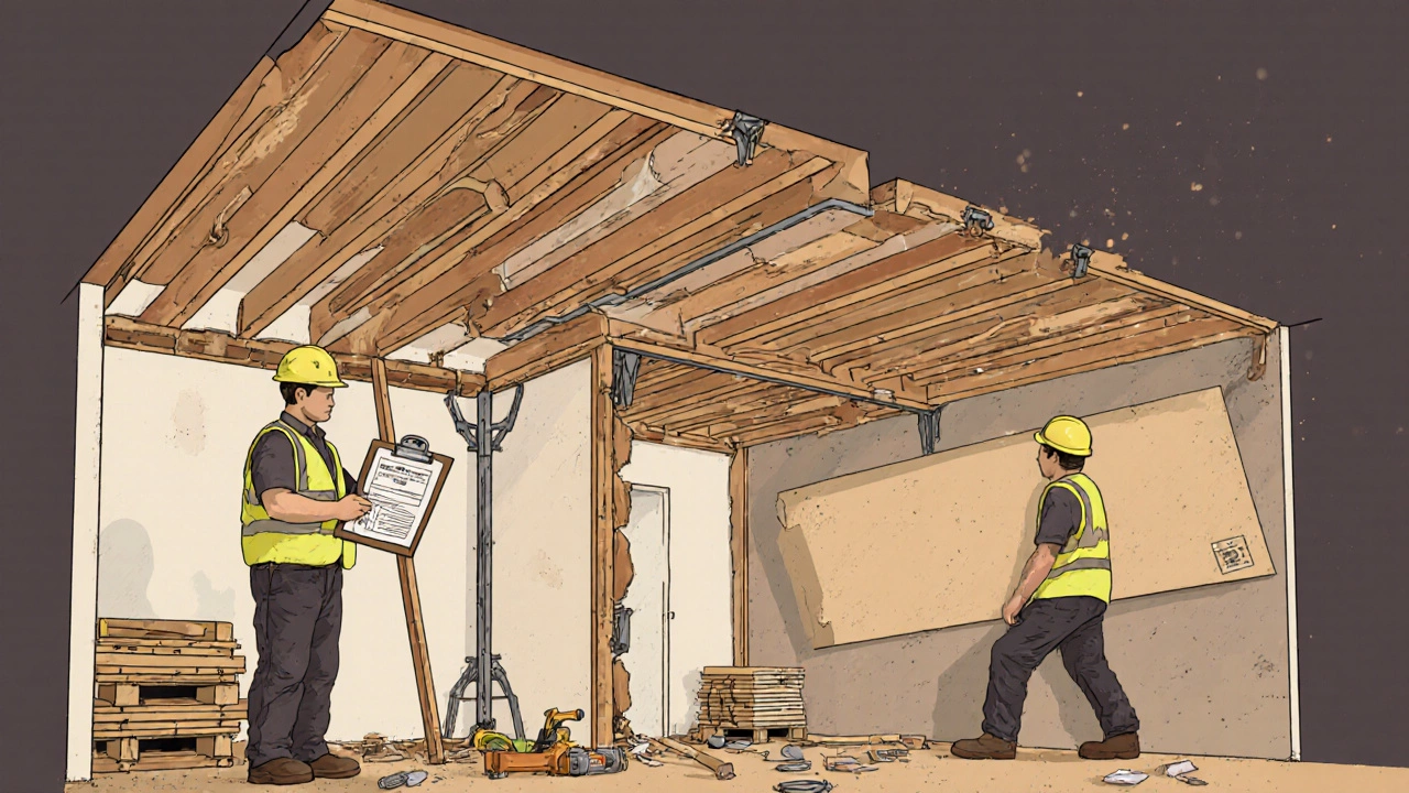 Workers remove a wall and install structural elements during a remodel.