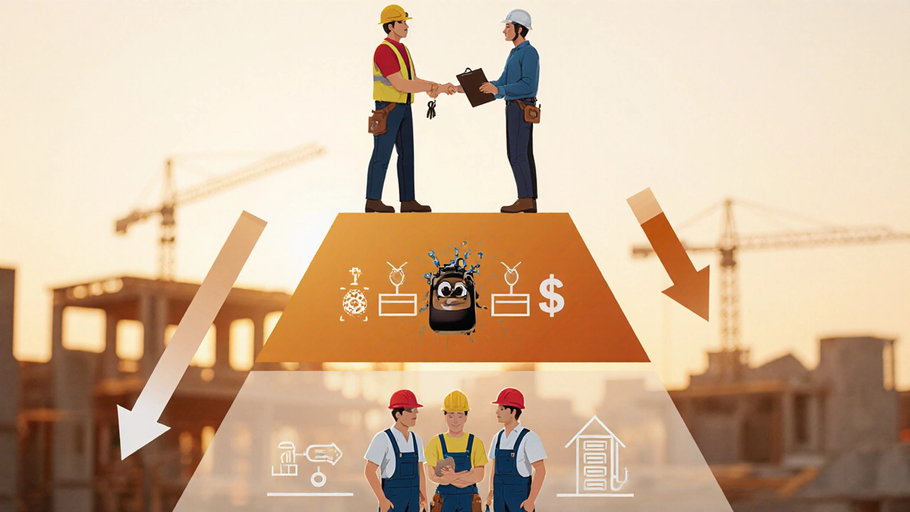 Pyramid diagram showing construction hierarchy from homeowner to tradespeople.