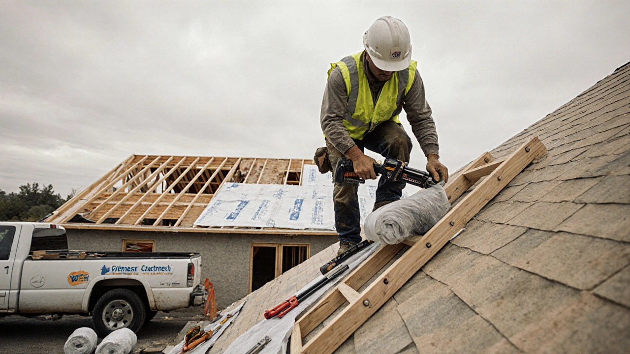 Roofer installing flashing on a sloped roof with a ladder and van below.